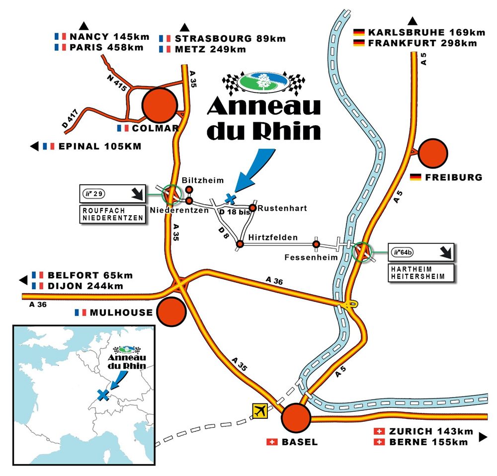 Plan d'accès à l'Anneau du Rhin : sortie 29 de l'A35 depuis Colmar ou Mulhouse, sortie 64b de l'A5 côté allemand